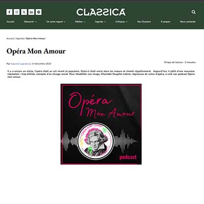 Visuel du podcast « Opéra Mon Amour » : titre rose sur fond noir, portrait illustré d’un compositeur au centre entouré d’ondes sonores blanches.